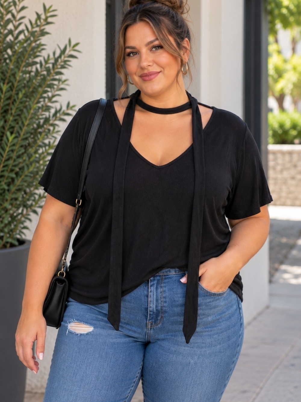 Forever 21 Black Short-Sleeve V-Neck Top with Front Choker Tie